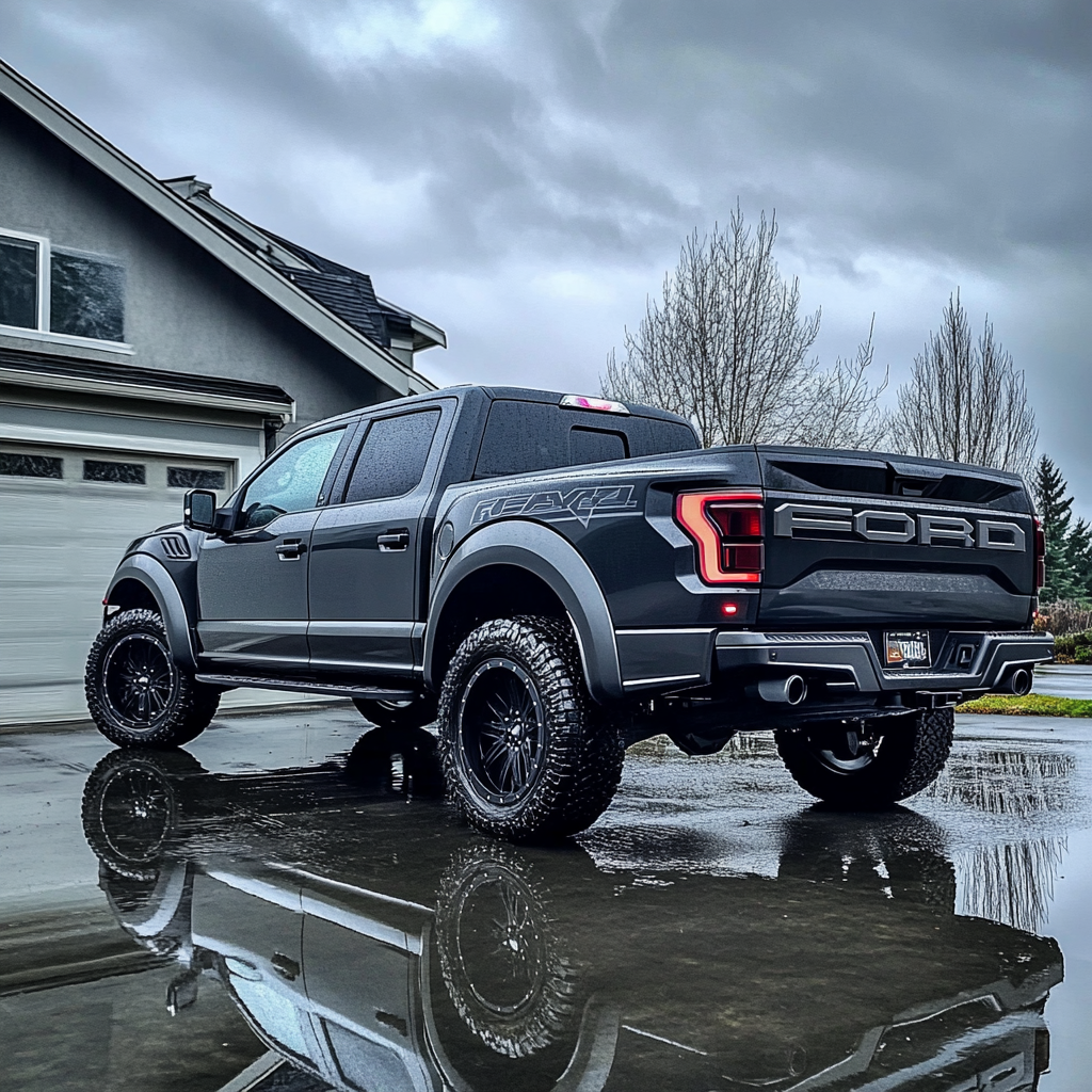 2024 Ford Raptor, flat black, pictures from rear.