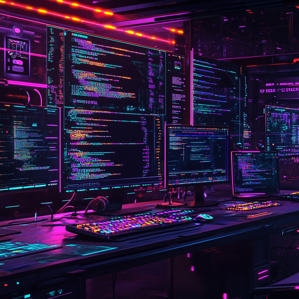 2024 Futuristic Workspace with Coding Computer Screens