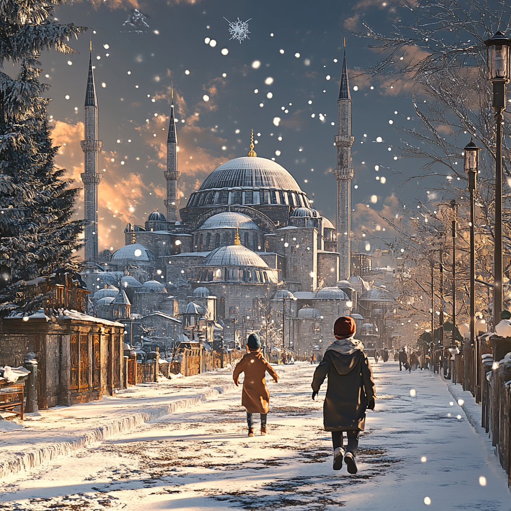 2024 Istanbul Winter Night: Children Running in Old City