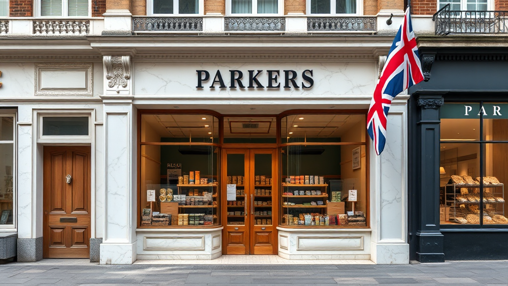 2024 shop 'Parkers' sells English food, with Brit flag.