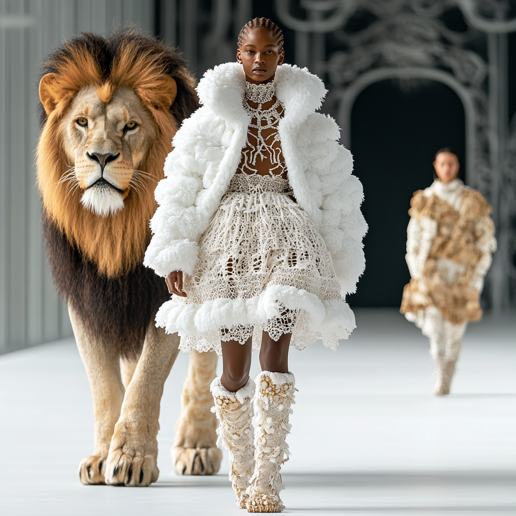 2030s fashion week: model in lace, lion protector.