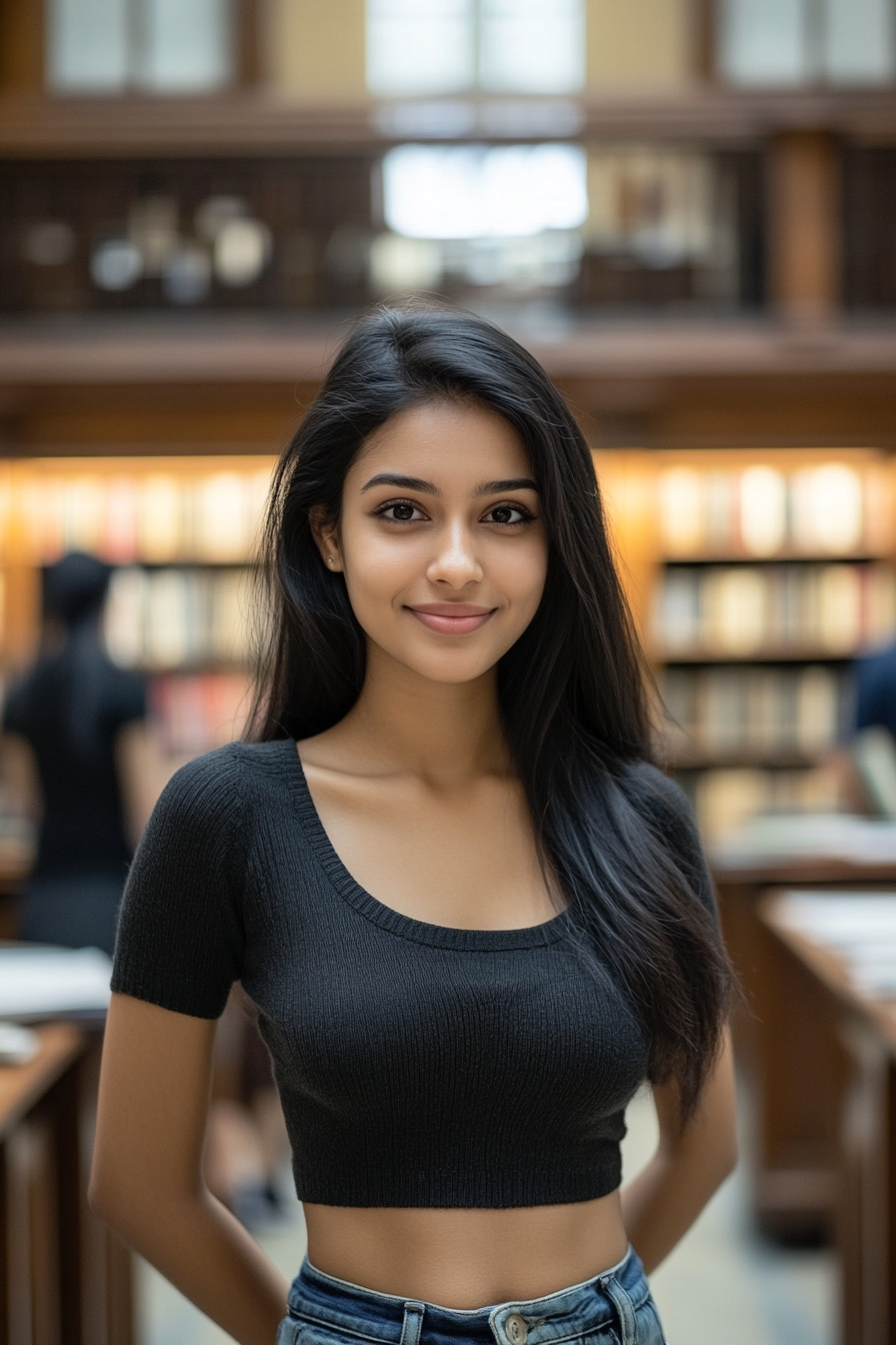 21-year-old Indian supermodel in university library, smiling.