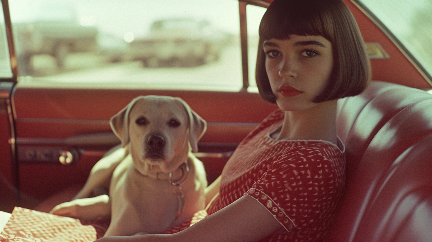 Young girl with brunette bob haircut in vintage car