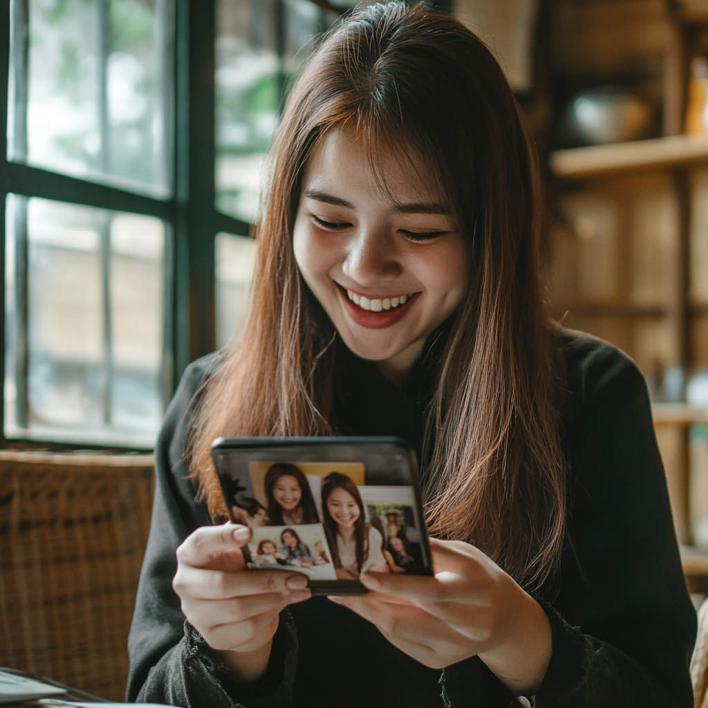 25-year-old Thai woman looking at family photos 