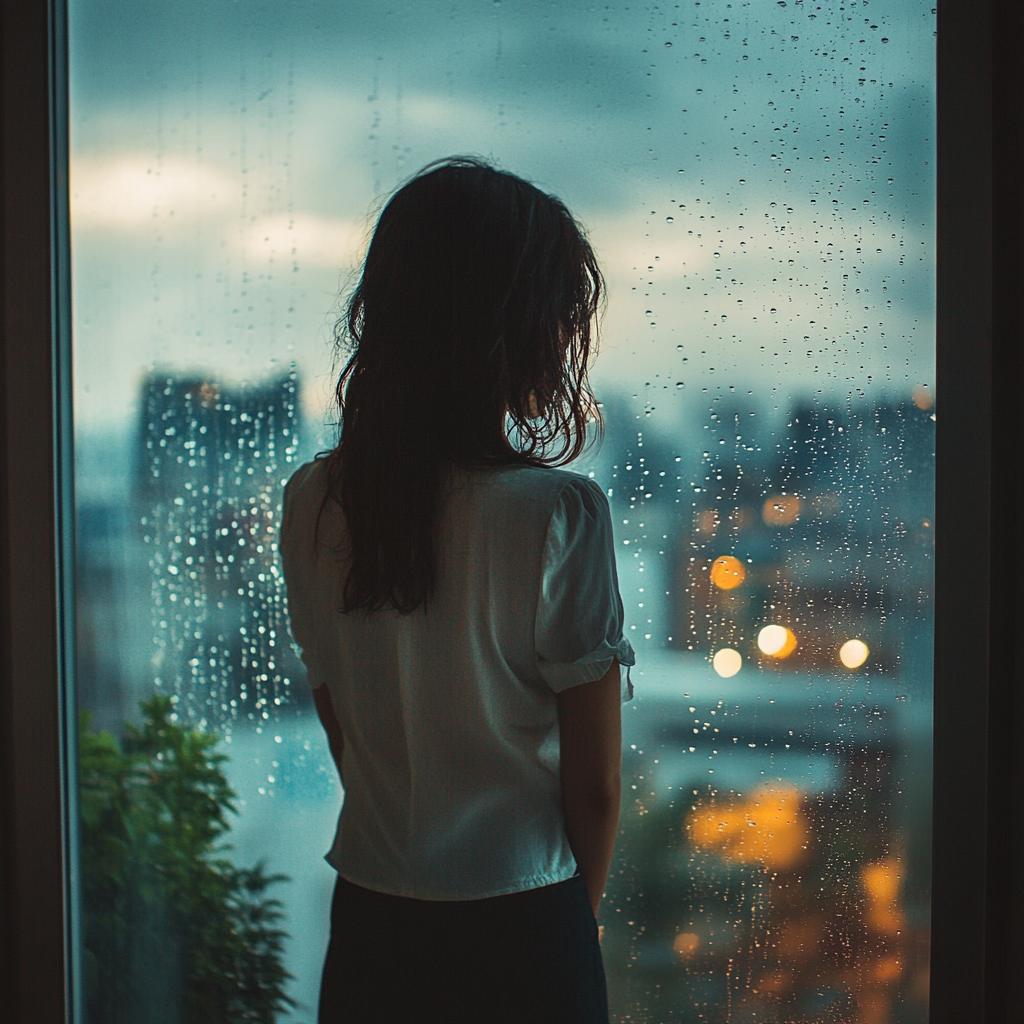 25-year-old Thai woman looking out rainy window