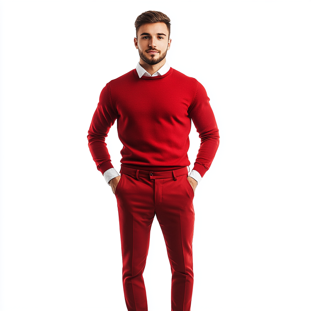 25-year-old man, slim build, red sweater and slacks.