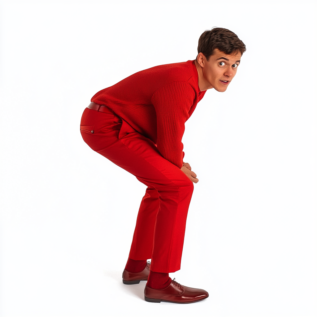 25 year old man in red outfit, leaning excitedly.