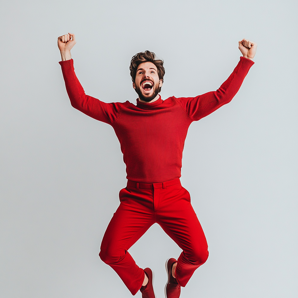 25-year-old man in red outfit looks excited.