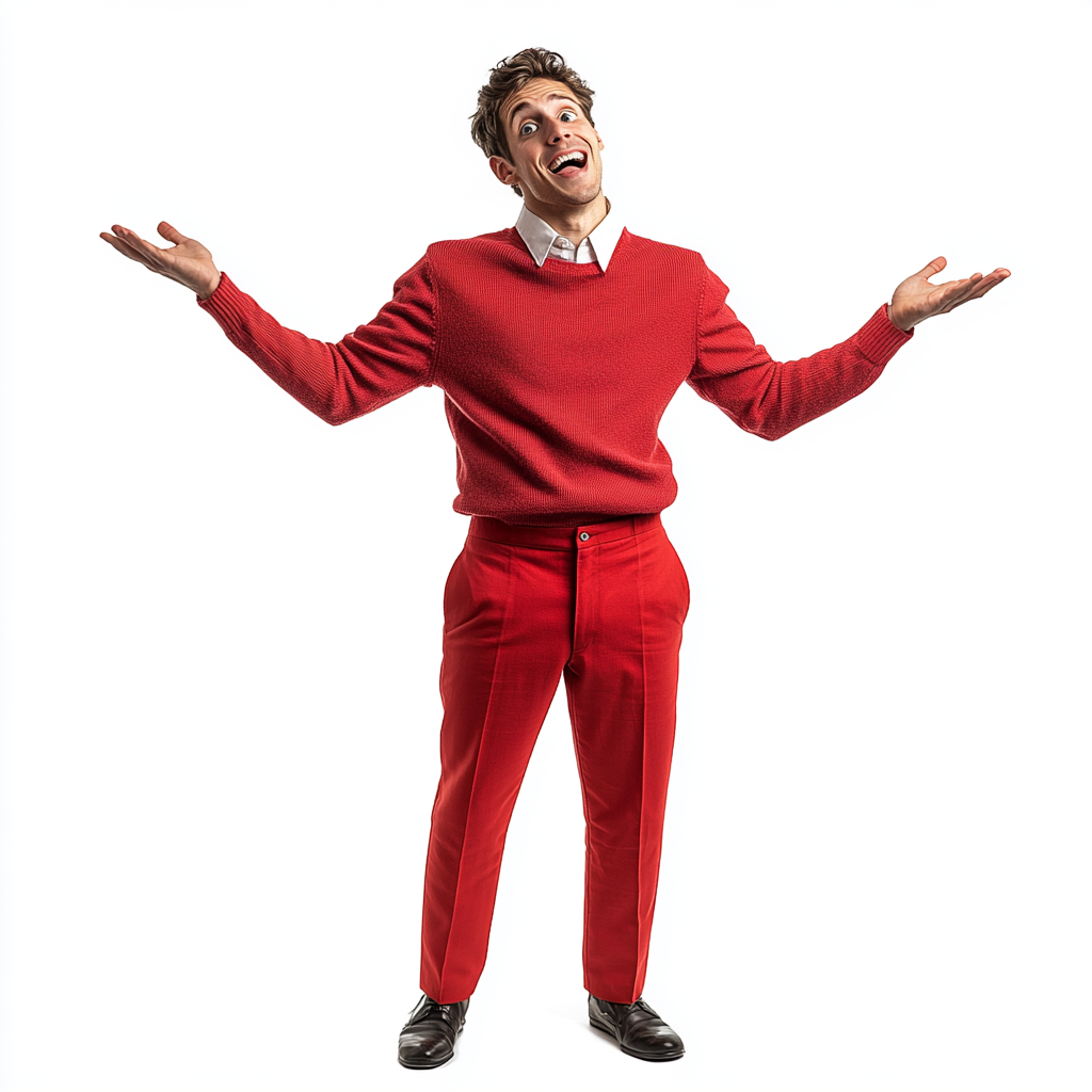 25-year-old man slim build red sweater red slacks excitement.