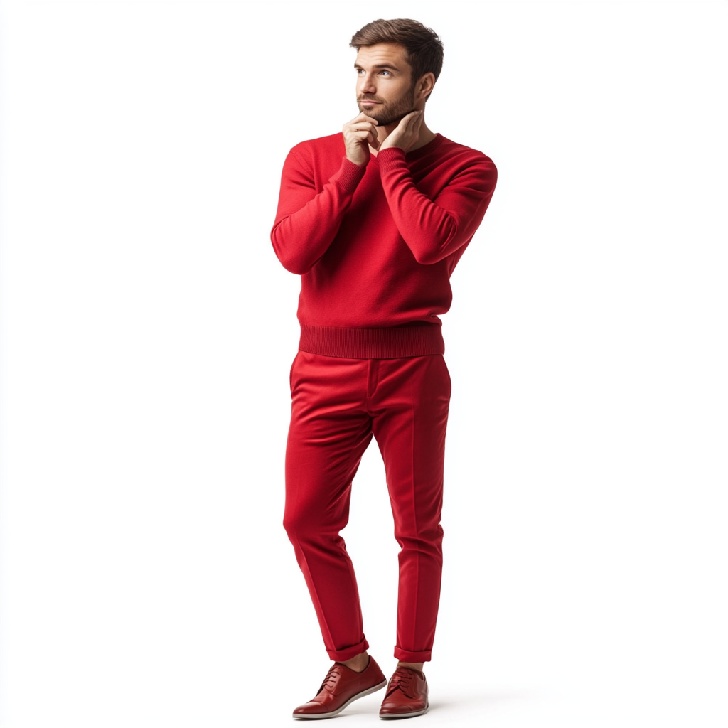 25 year old slim man in red outfit looks interested.