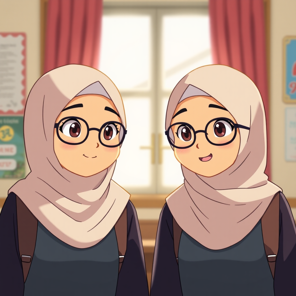 27 students wearing hijabs alongside twins and glasses