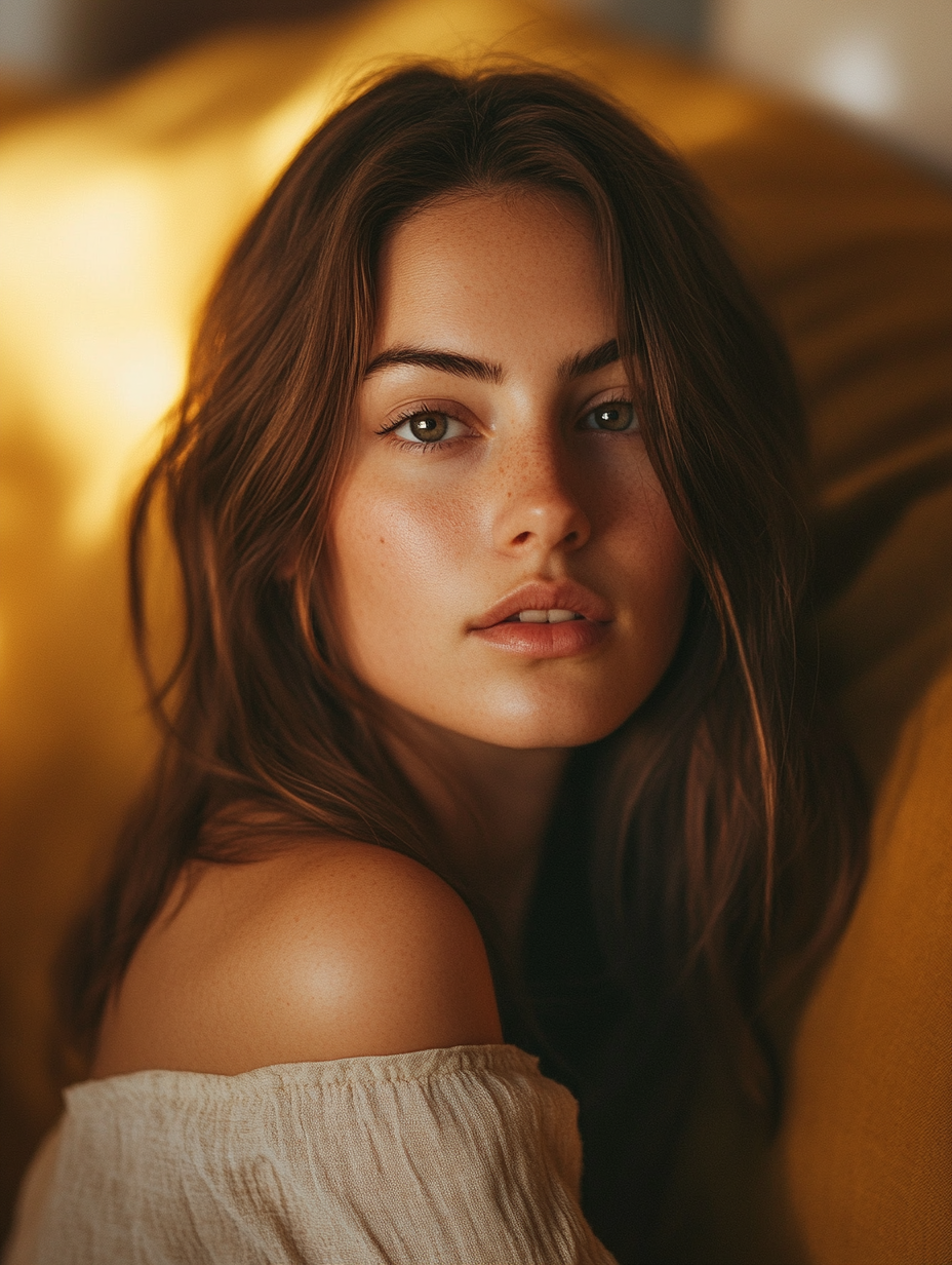 28-Year-Old Woman Gazing Softly at Camera Indoors