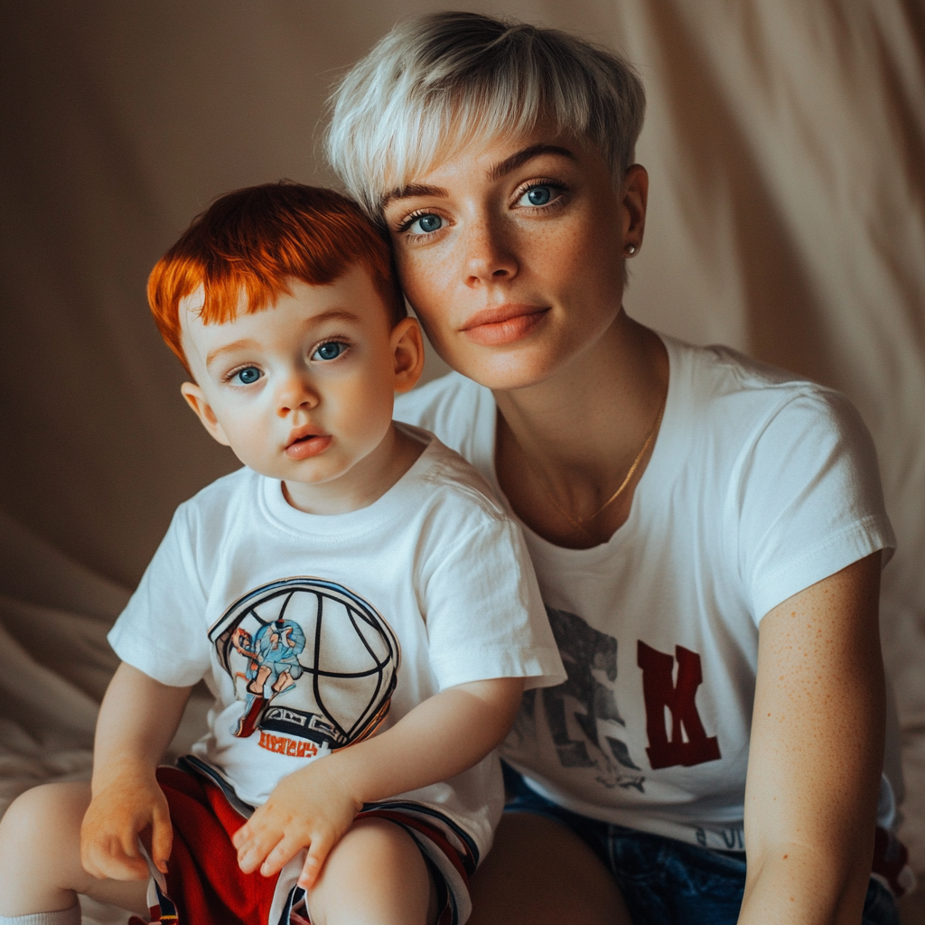 28-year-old mom with silver pixie haircut holding one-year-old boy 