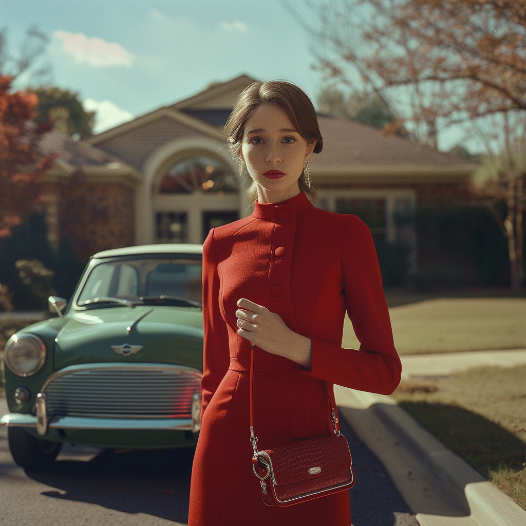 28-year-old woman in elegant Valentino dress outdoors.