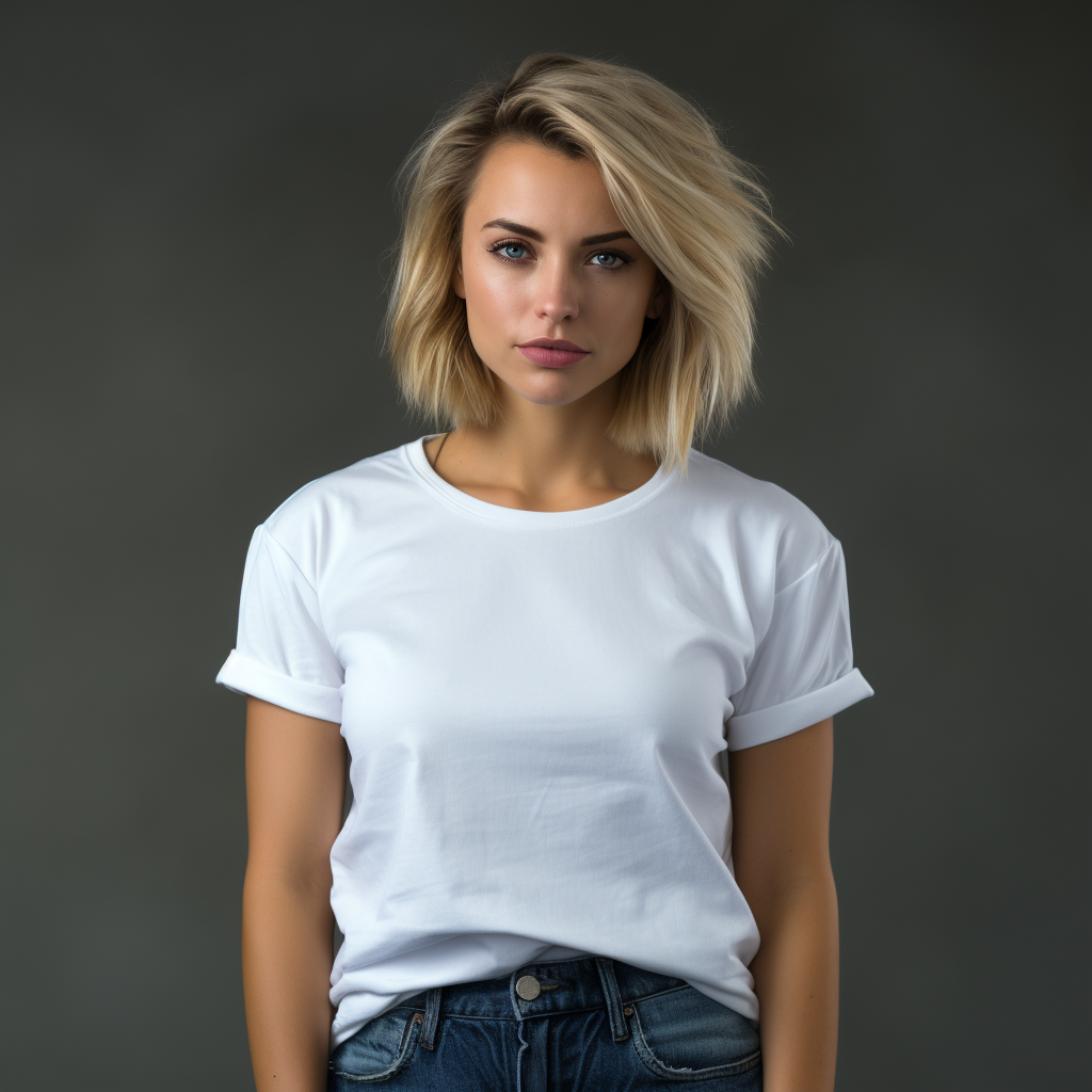 Smiling 29-Year-Old Female in White Gildan T-Shirt and Jeans