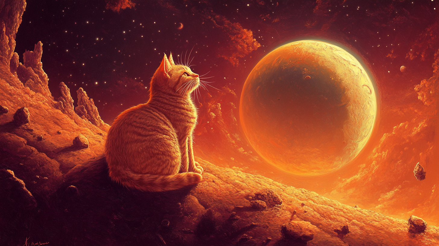 2D art of cat pillow on unknown planet.