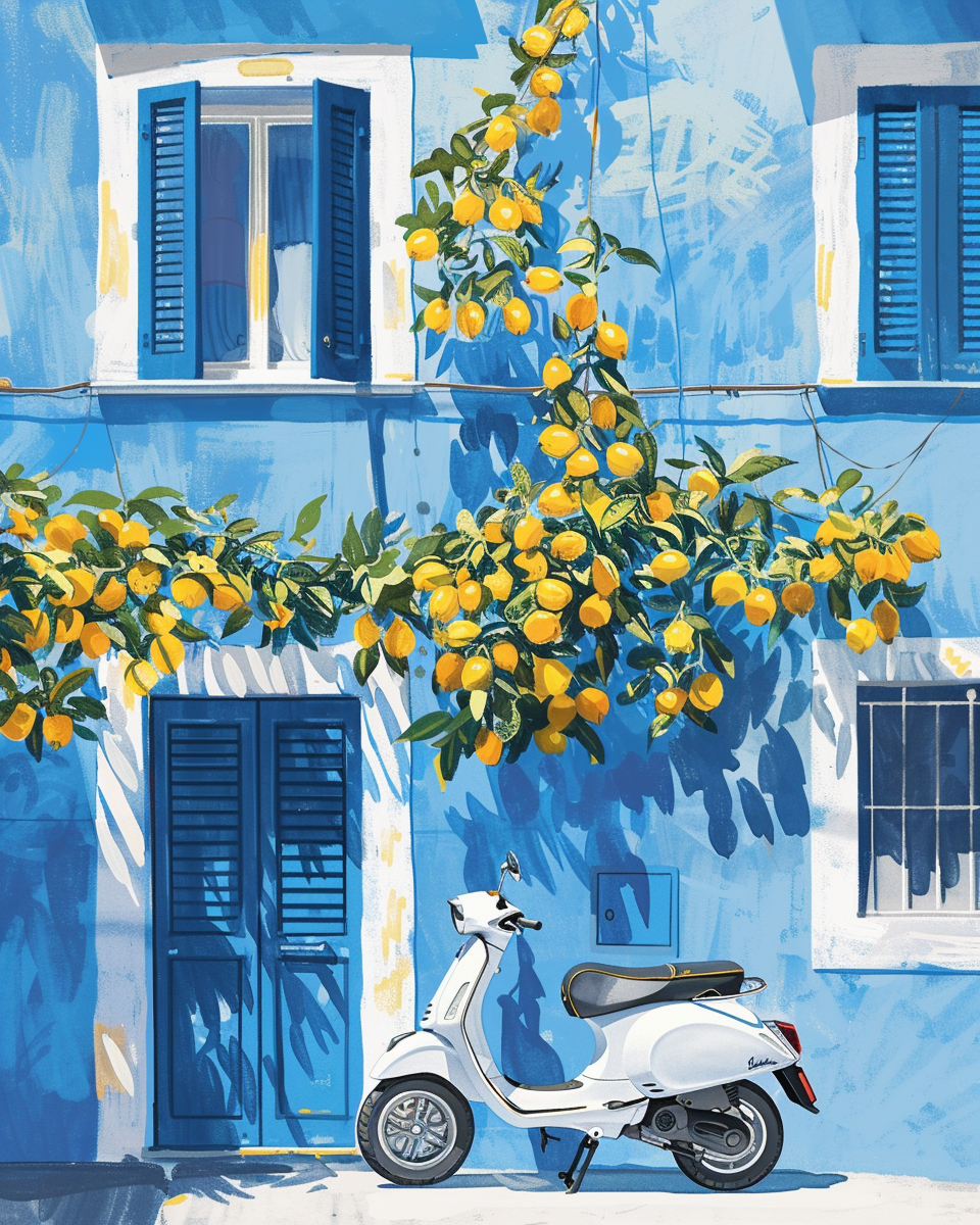 2D gouache painting of blue Sorrento house with Vespa.