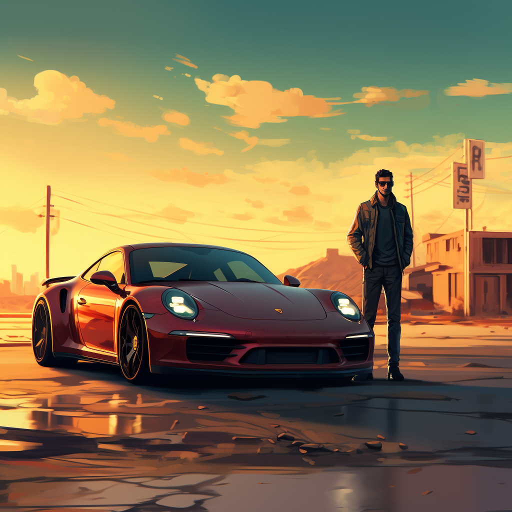 2D Man Illustration Porsche 911 Bitcoins