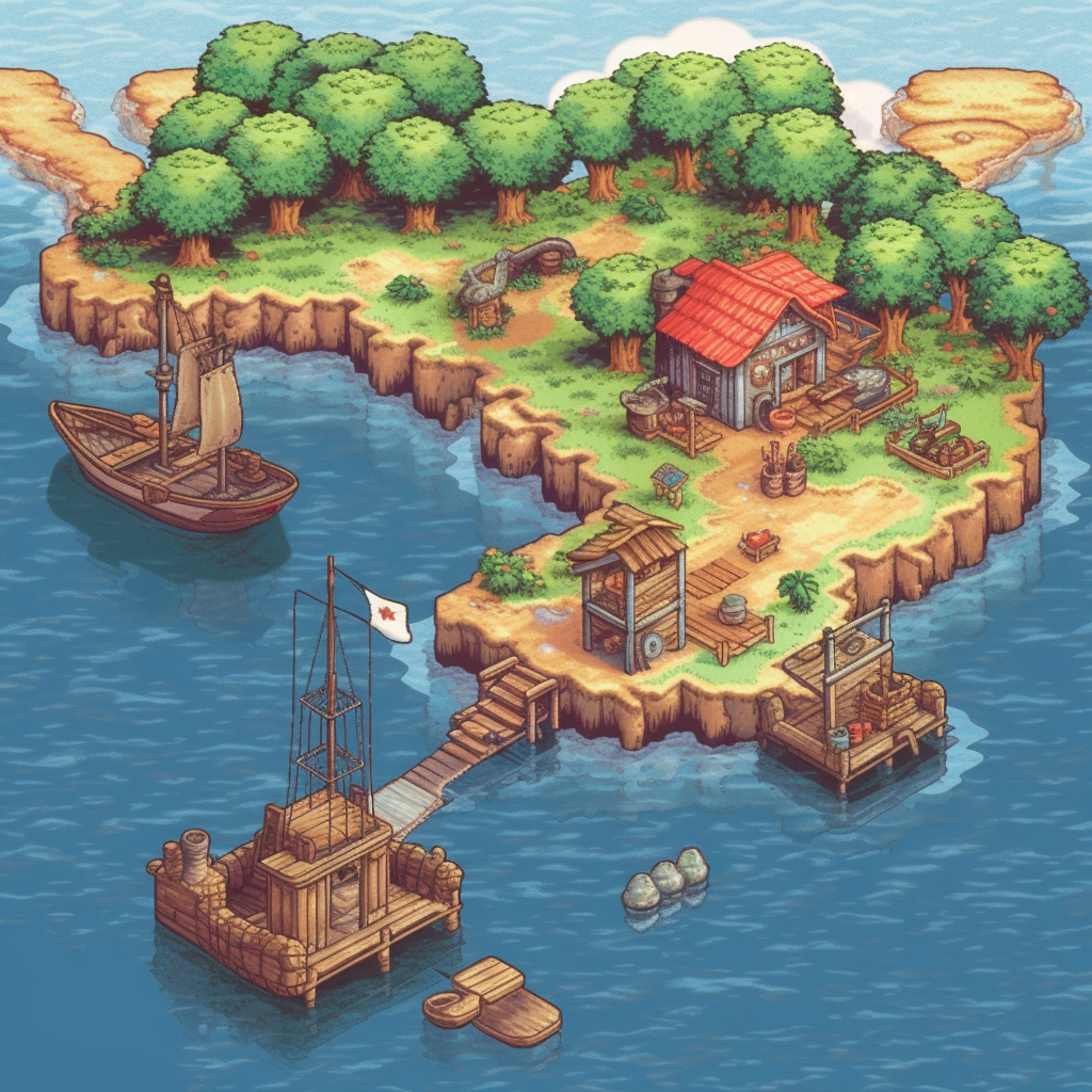 Overworld map of a 2D retro fishing game