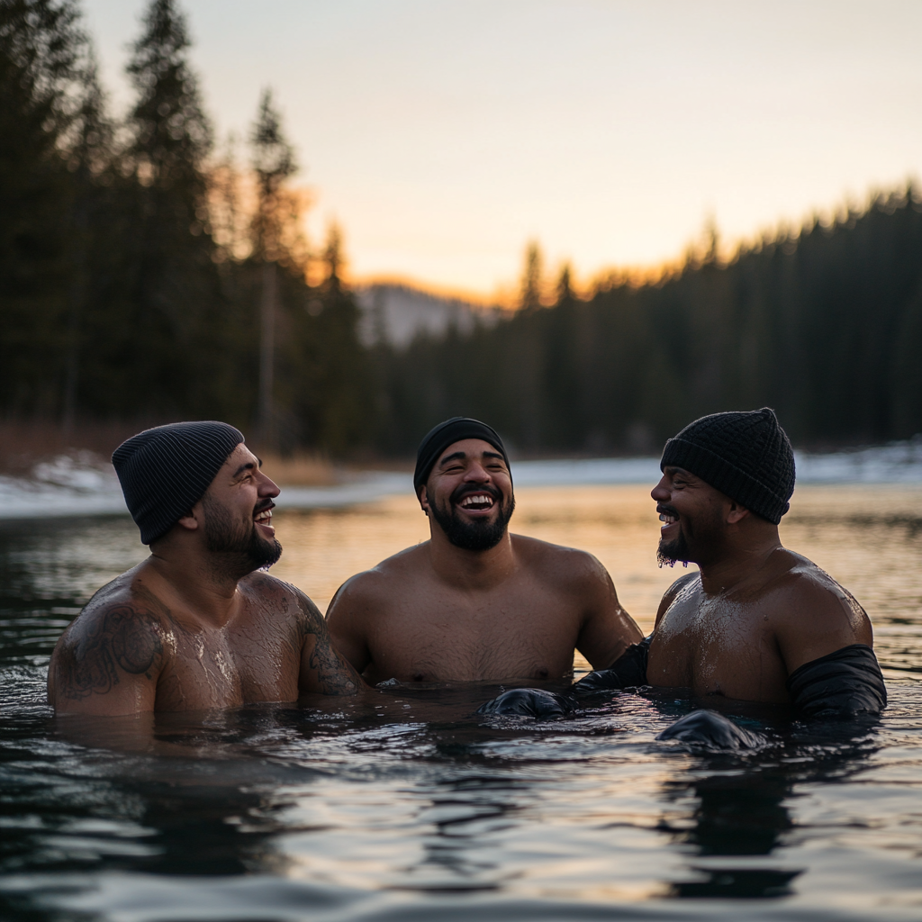 3 Men Laughing in Lake at Sunrise