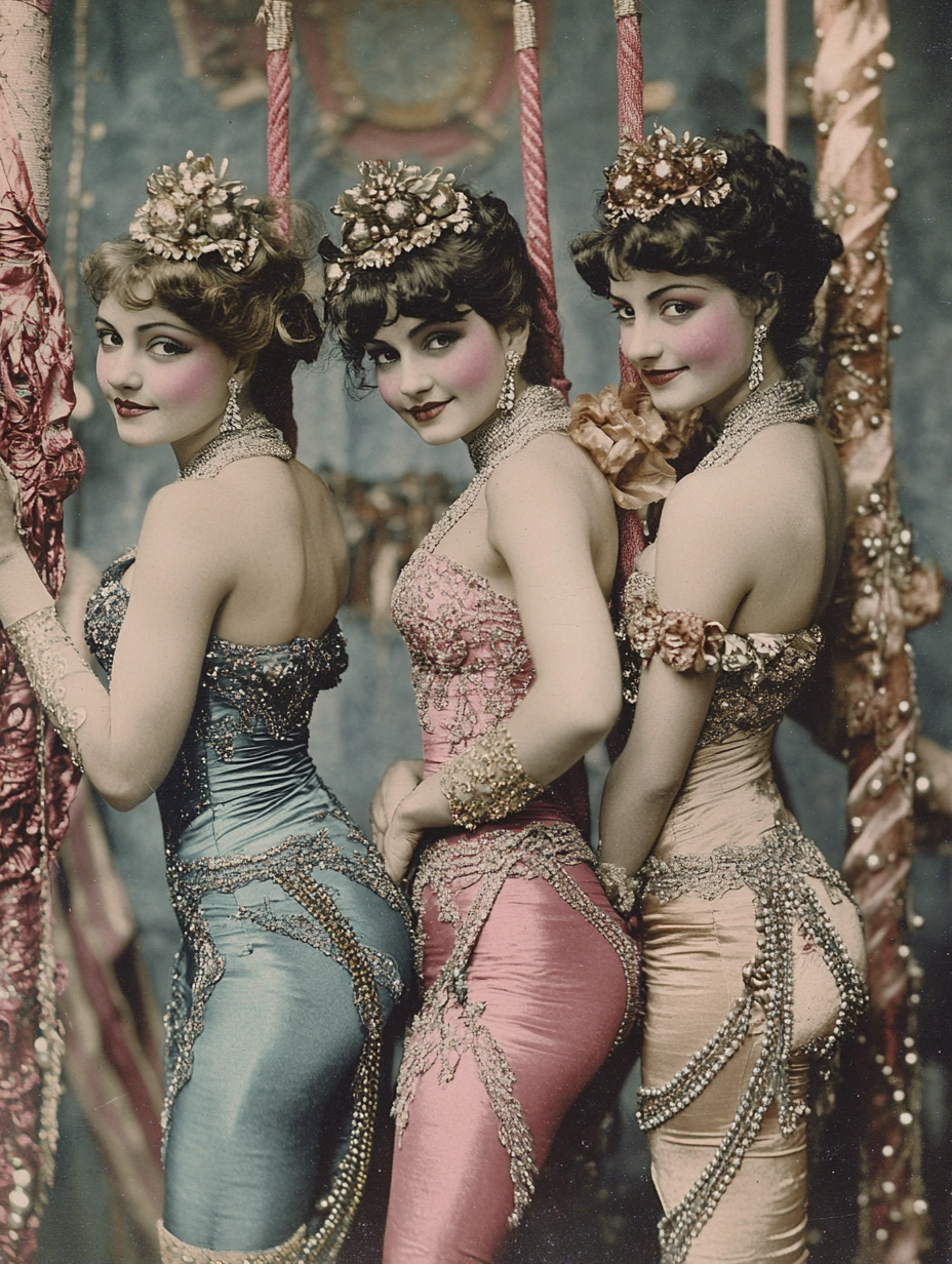 3 female acrobats in backstage circus glamour costumes.