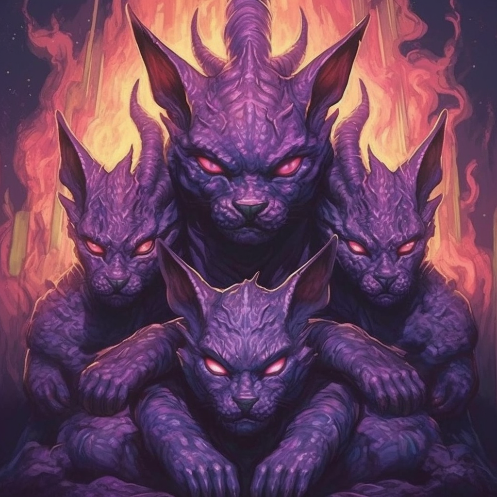 3-headed demon cat based on cerberus, purple background.