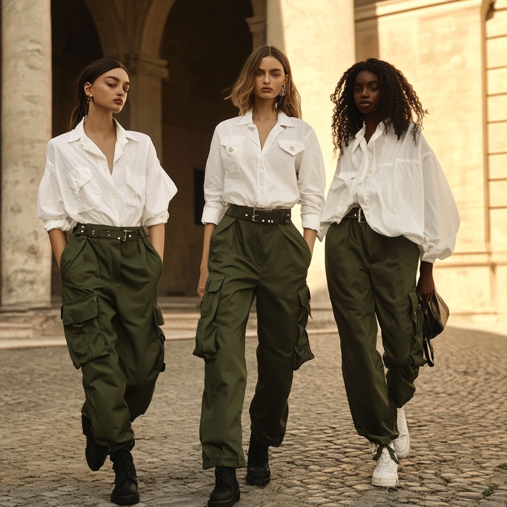 3 models in army green pants, studded barrel leg.