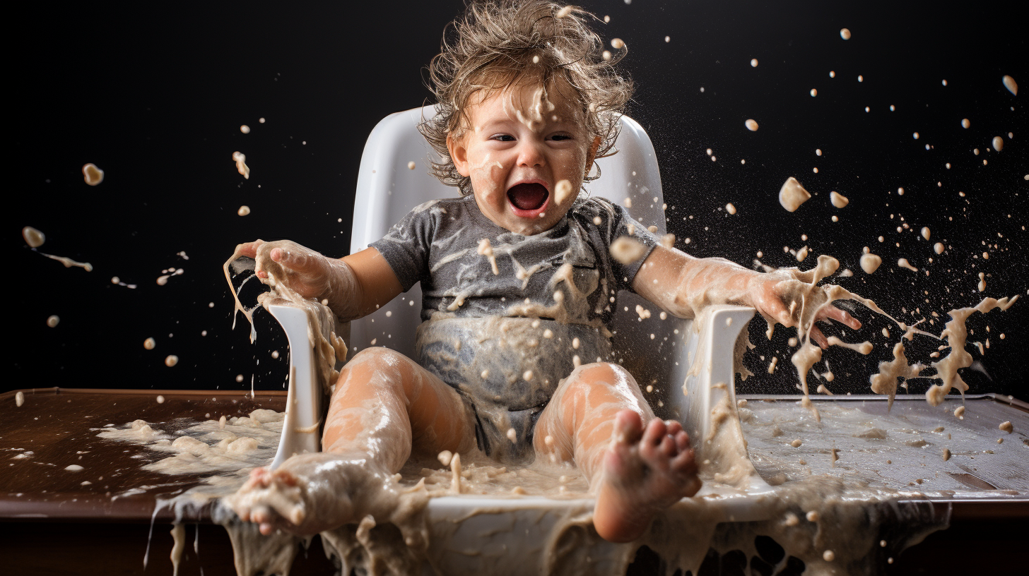 Boy dropping mash from high chair