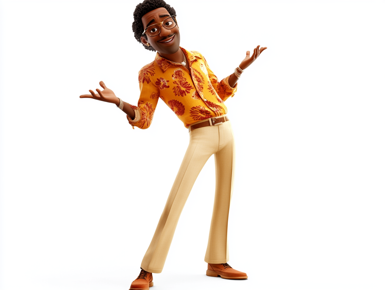 30-year-old black man in stylish 1970s clothing posing.