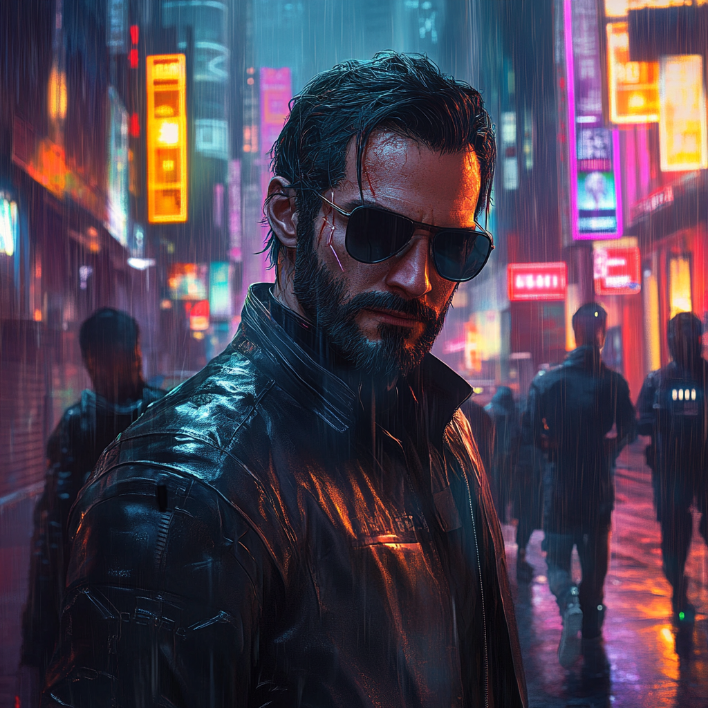 30-year-old cyberpunk man in Ray-Ban sunglasses with gang.