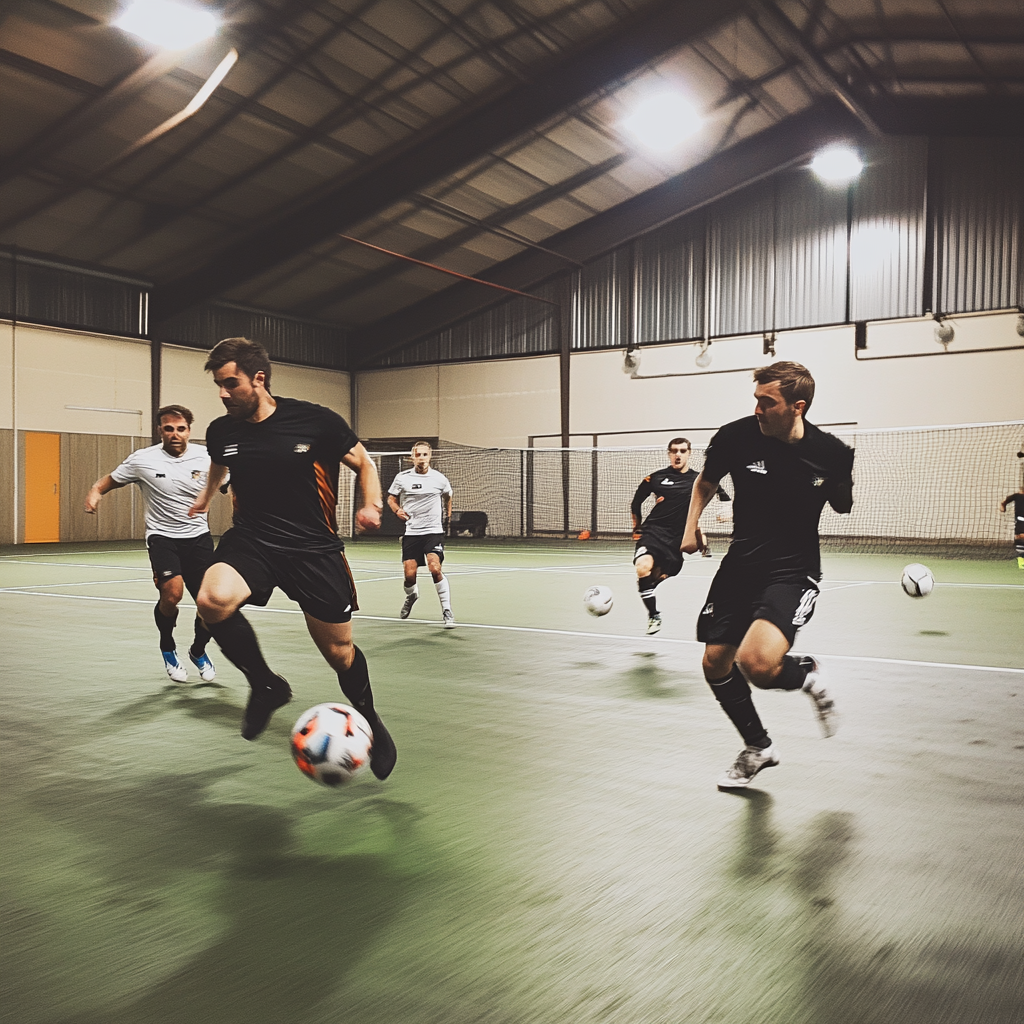 30-year-old men playing indoor soccer on synthetic grass.