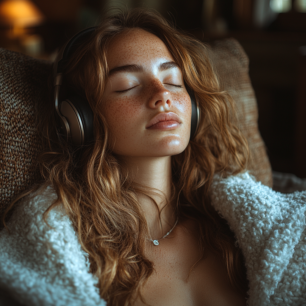 30 year old woman in living room chair listens peacefully.