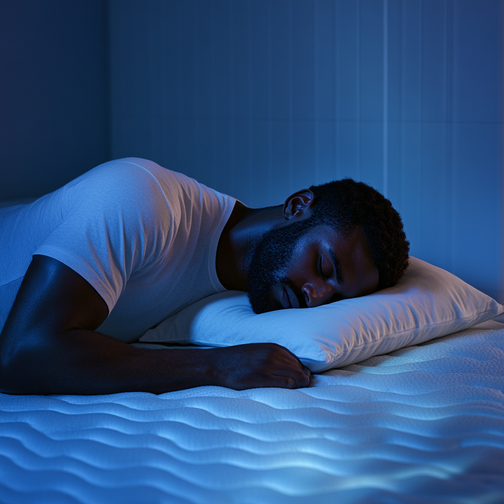 32 years old black man sleeping on mattress with pillowtop.