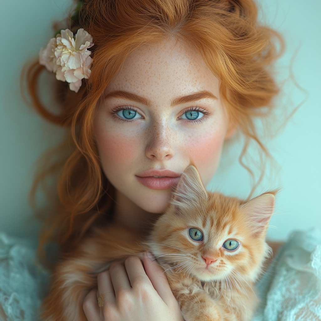 32k photo of woman holding red-haired kitten,m wearing blue dress, in front of soft pastel background.