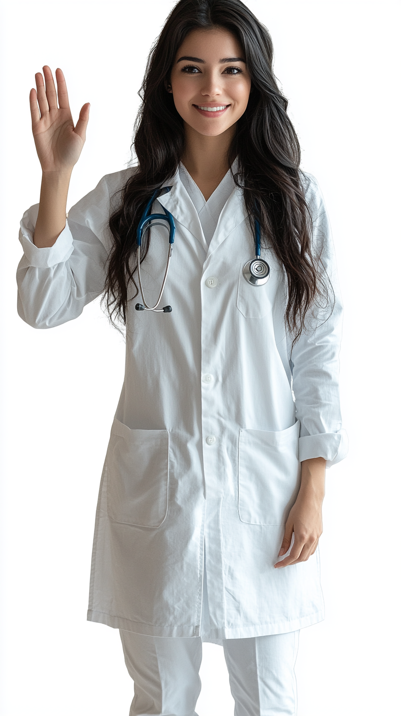 35-year-old American woman doctor smiling and waving hello. Hyper realistic photo on transparent background.