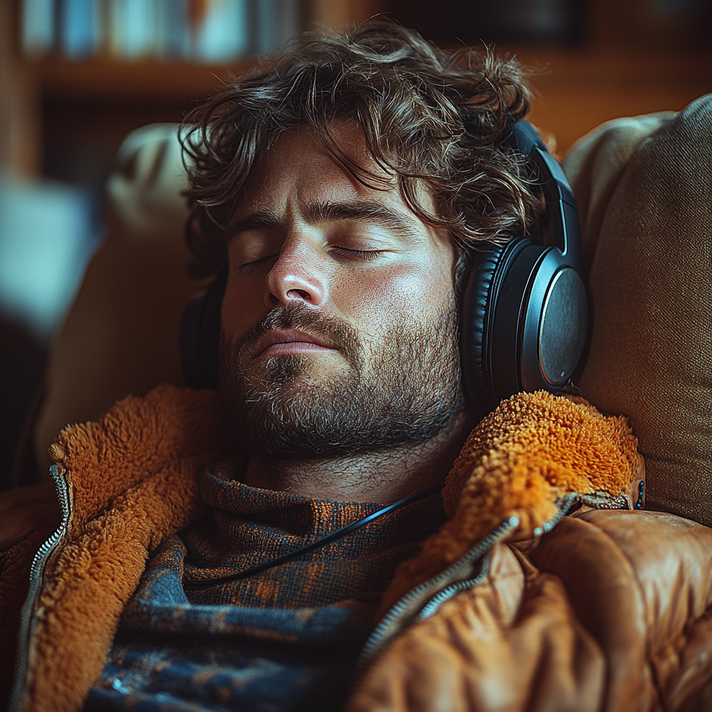 35 year old man in living room relaxing peacefully