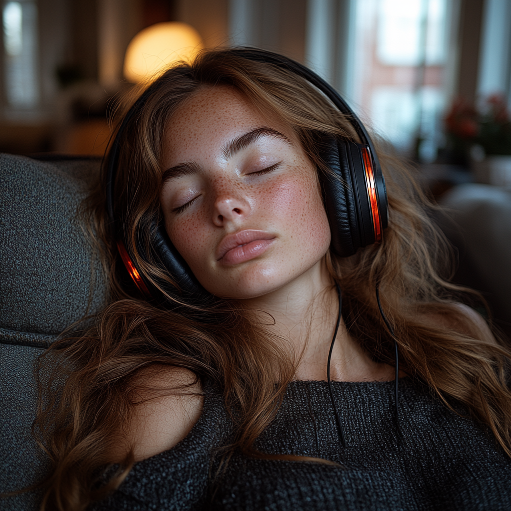 35-year-old woman in lounge chair listens to music.