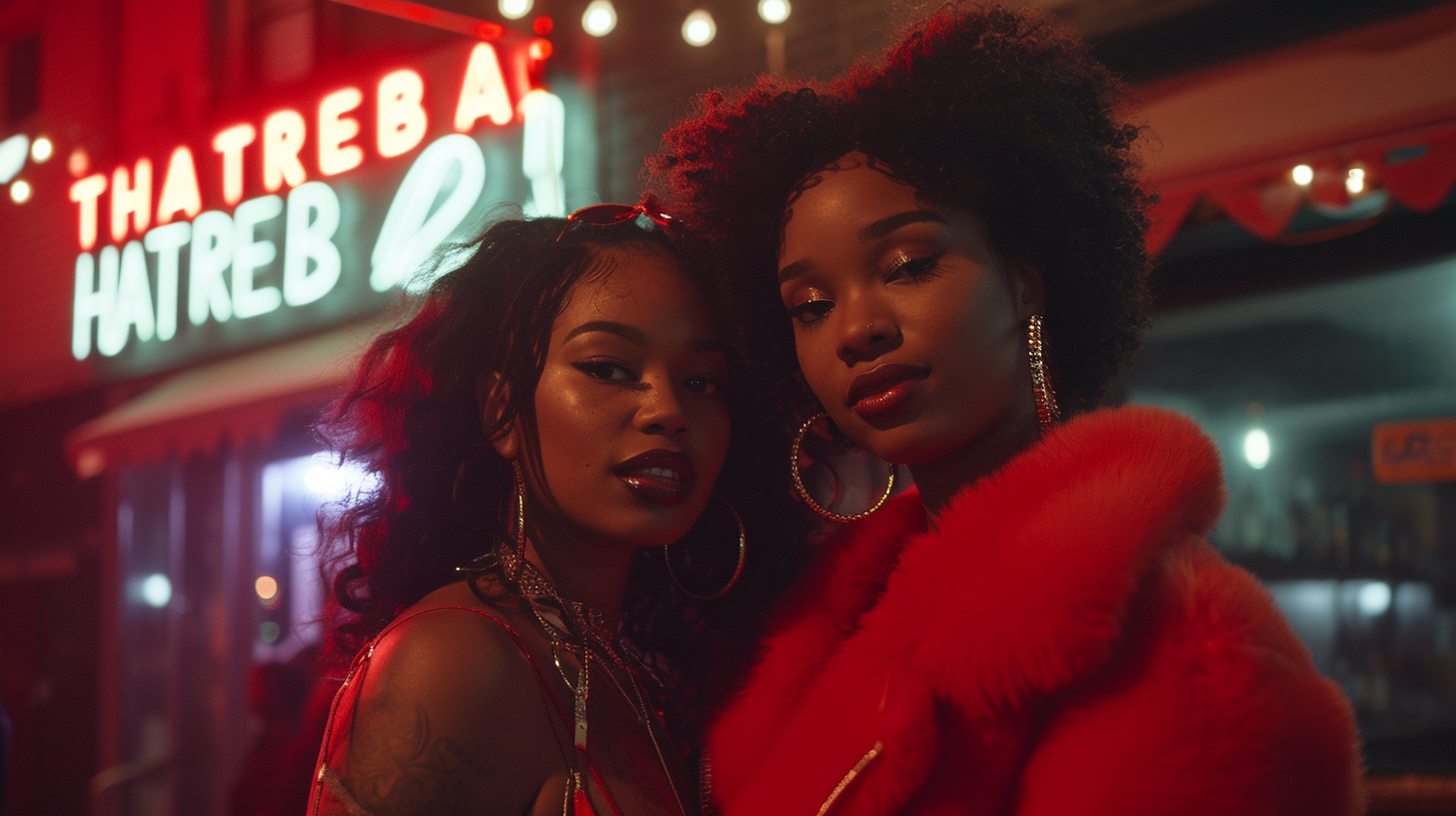 Two beautiful black women outside a bar