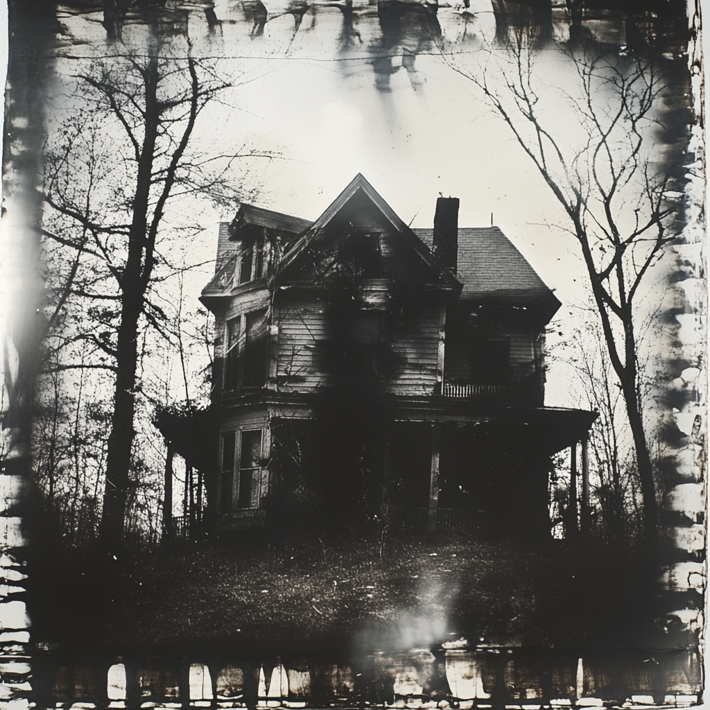 35mm film strip spliced to create scary house poster.