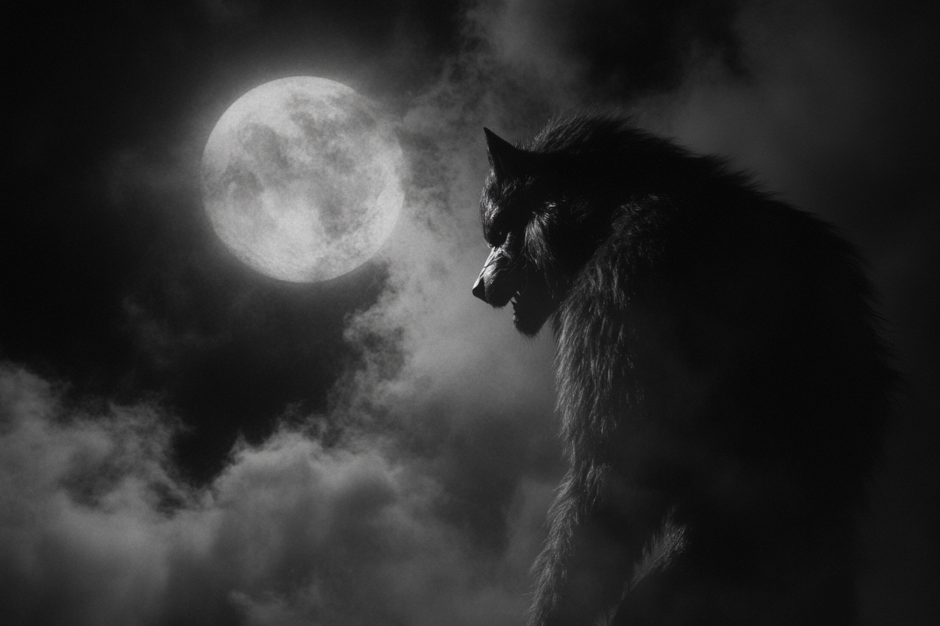 35mm film-style photo, Victorian-era night scene, full moon, towering werewolf, menacing, eerie atmosphere.