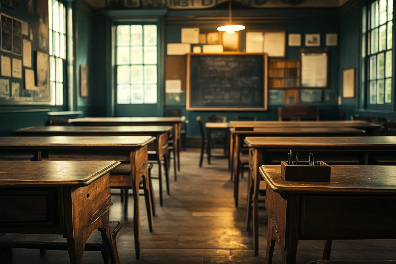 35mm film-style photo of Victorian-era classroom with desks.