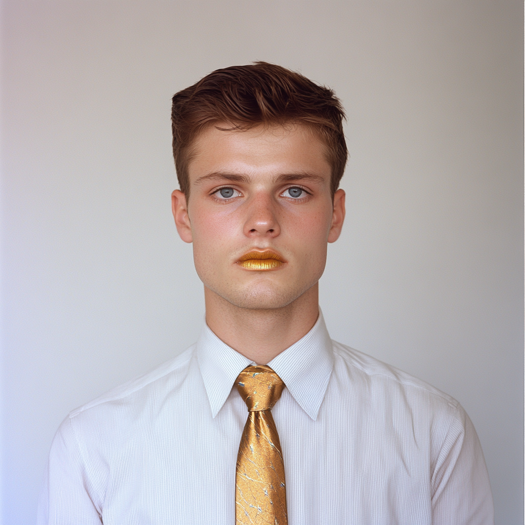 35mm portrait of young man with lipstick, light-filled studio.