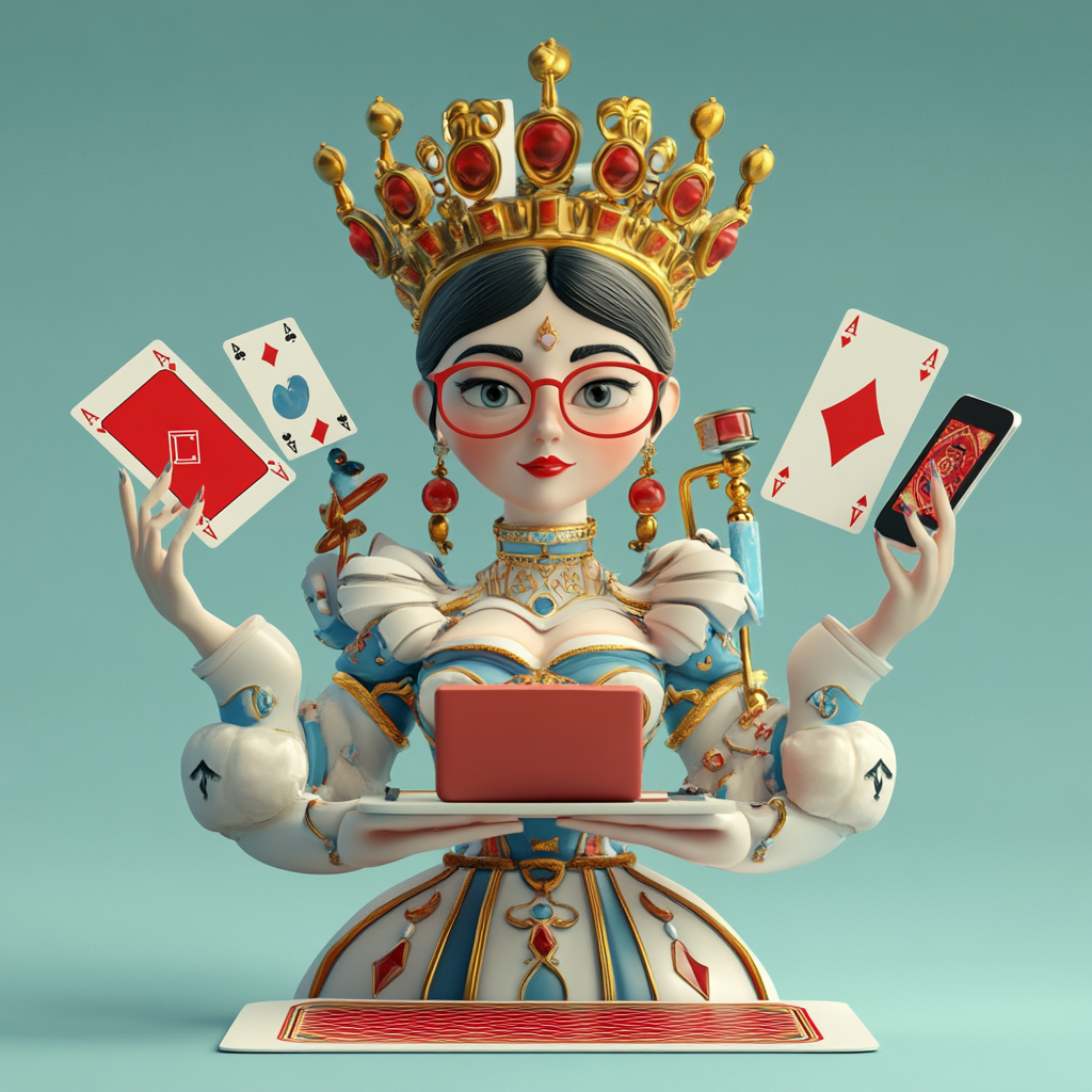 3D Latin queen character emerges from playing card with 4 hands holding various items.