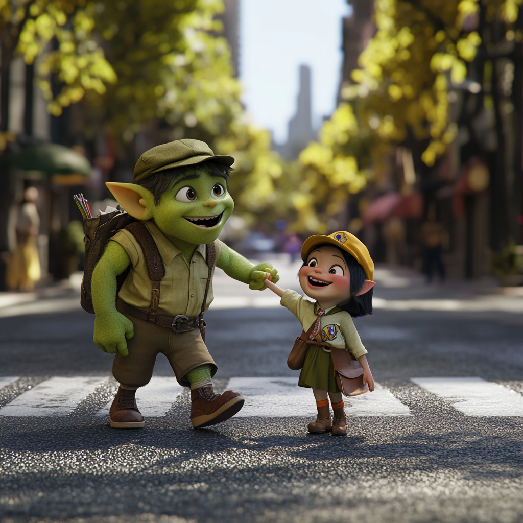 3D Pixar Green Orc Boy Scout Helping Lady