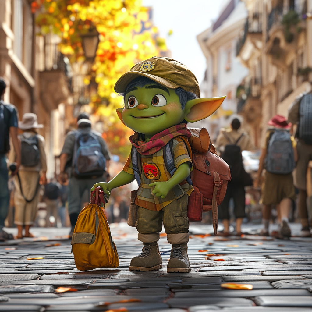 3D Pixar Green Orc Child Scout Helping People