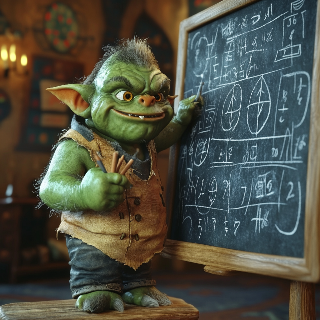 3D Pixar Green Orc Child Teaching Math on Blackboard