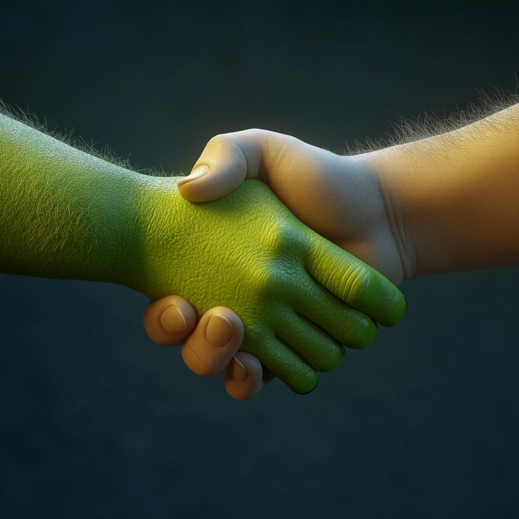 3D Pixar Orc Child Handshake with Human, Funny Scene