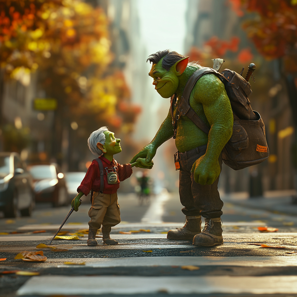 3D Pixar green orc boy scout helping elderly, funny texture