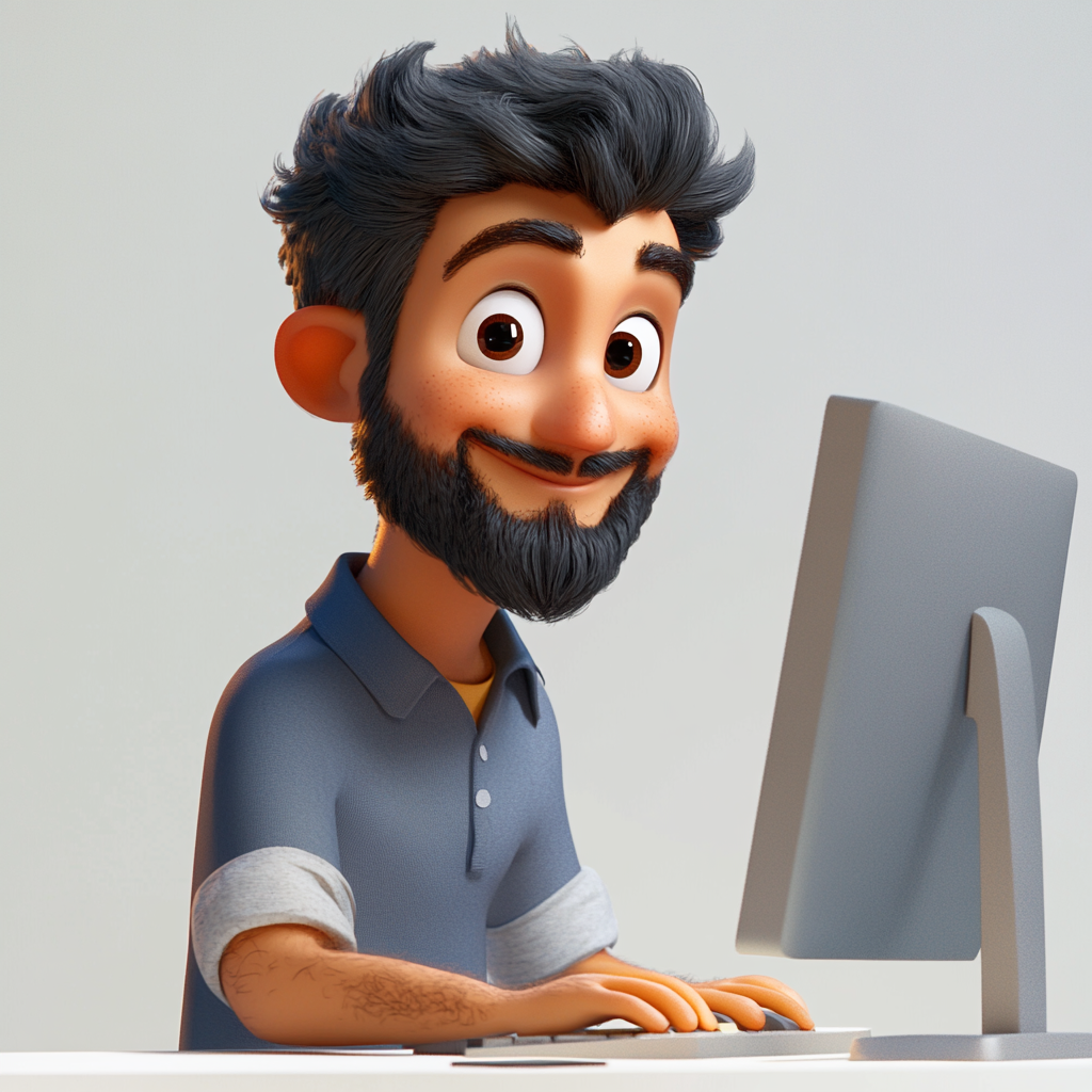 3D Pixar theme, happy Hispanic guy, clean beard, vibrant.