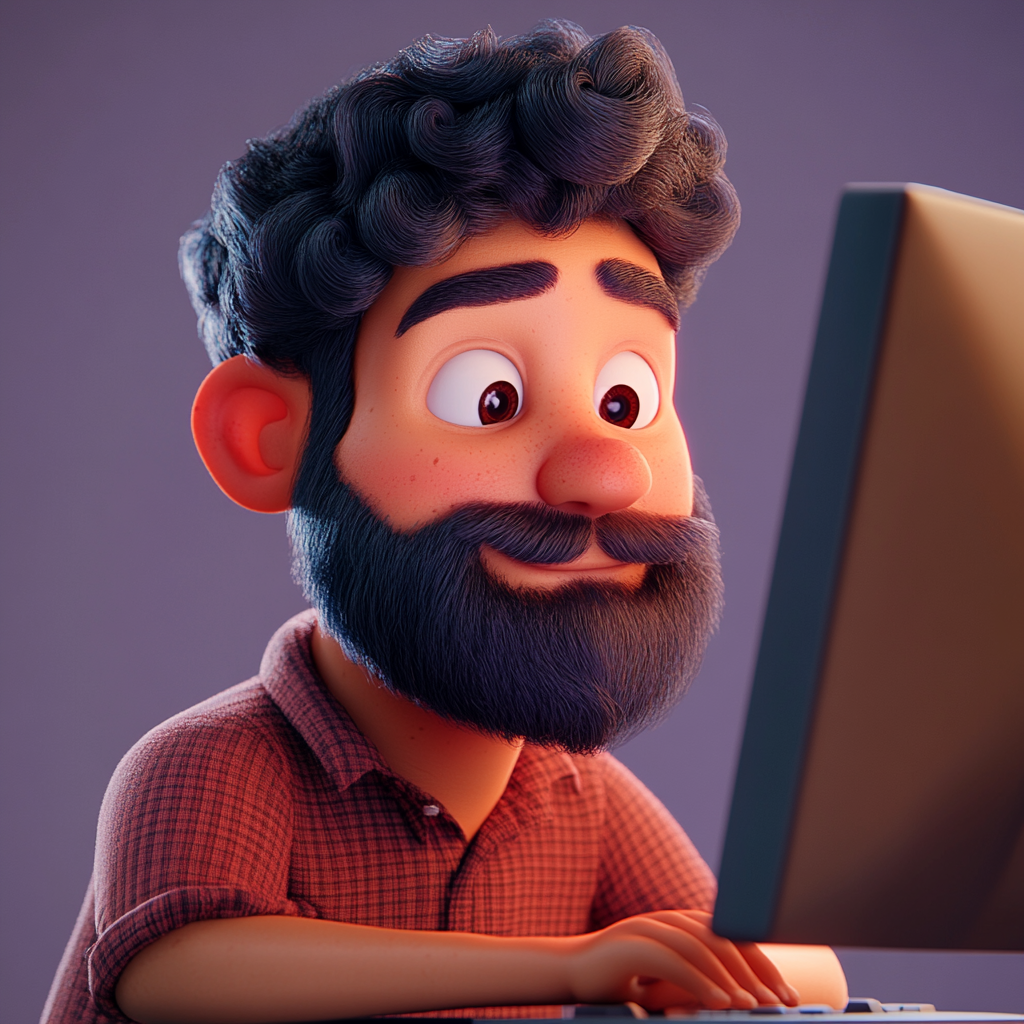 3D Pixar themed Hispanic guy, happy working on computer.